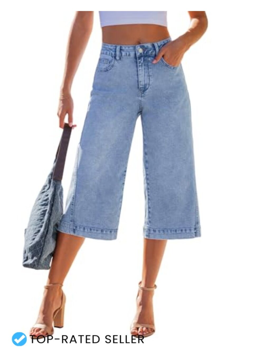 Women's High Waist Wide Leg Capri Jeans Stretchy Denim Summer Casual Pants